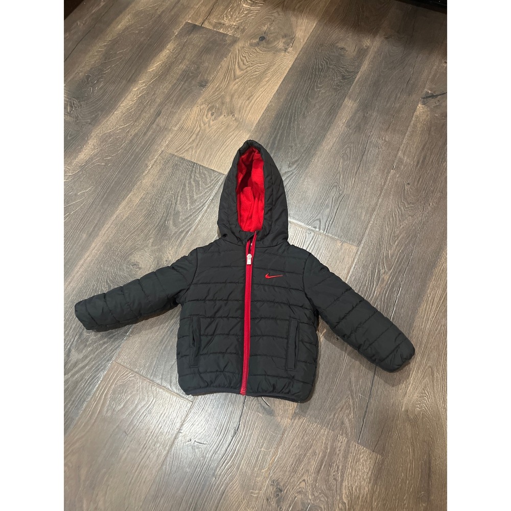 Nike Infant Boys Black Red Puffer‎ Jacket Hooded Fleece Lined Just Do It 18M